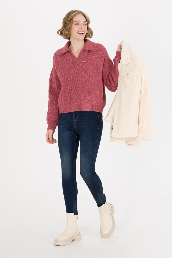 Kadın Pembe V Yaka Kazak