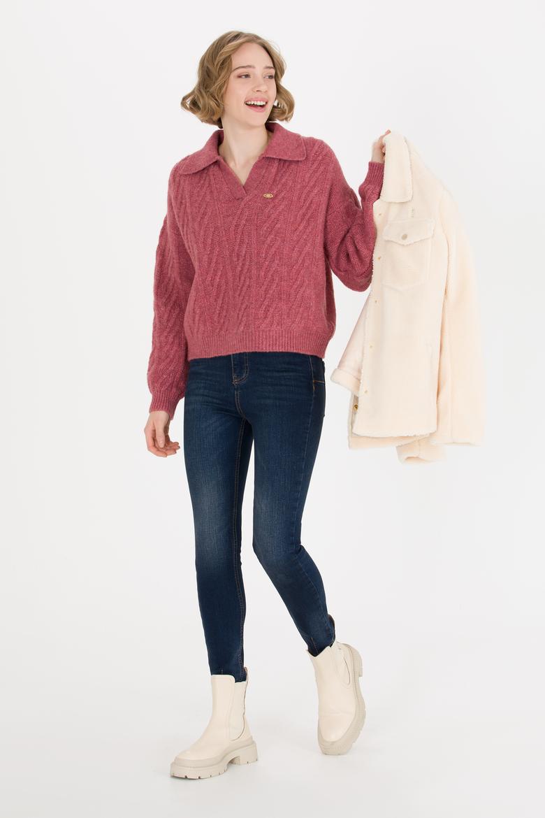 Kadın Pembe V Yaka Kazak