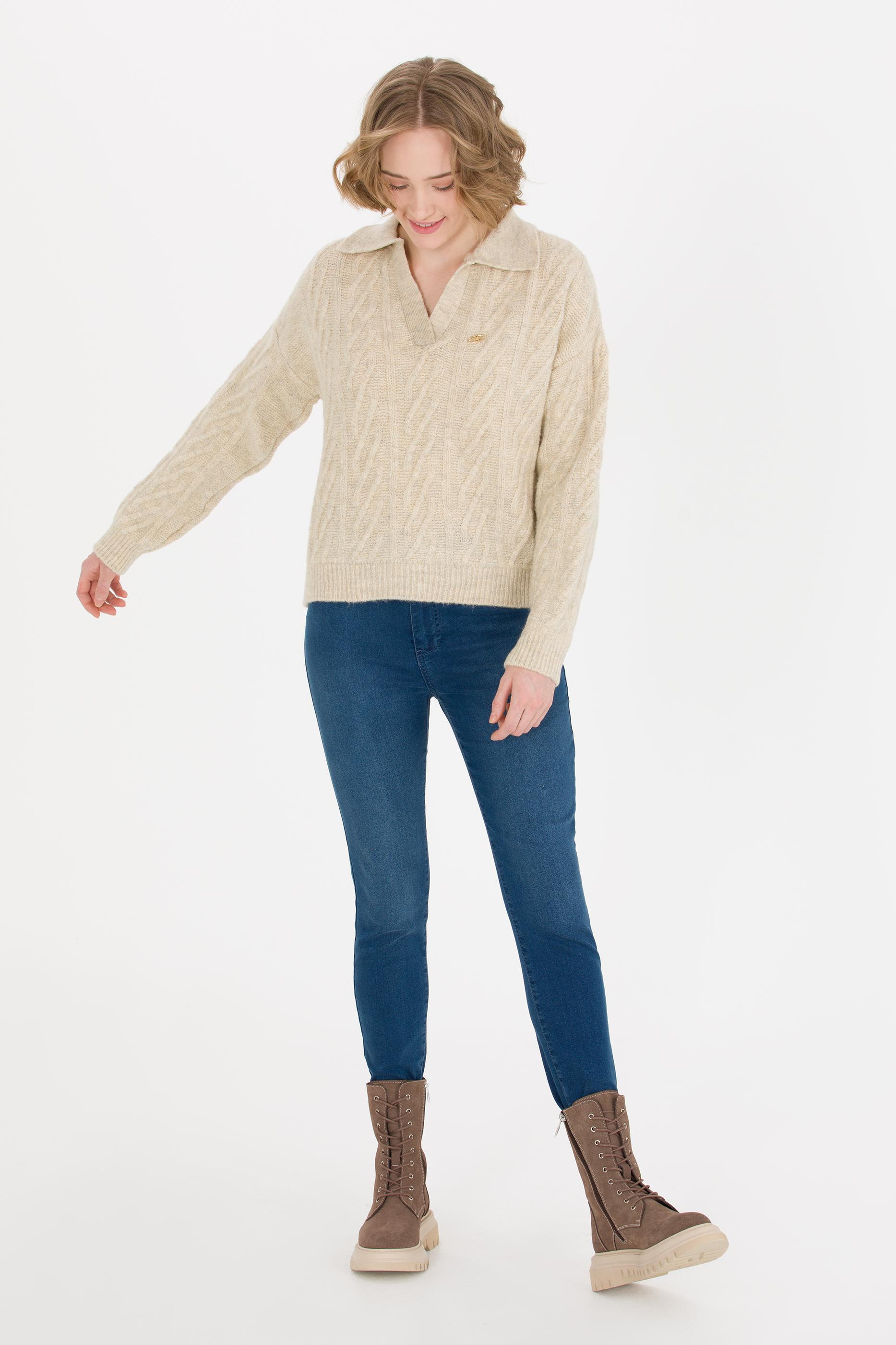 Kadın Taş Melanj V Yaka Kazak