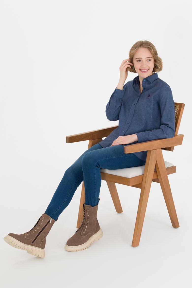 Kadın İndigo Uzun Kollu Gömlek - 50262277021