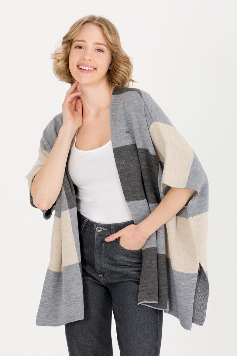 Kadın Gri Melanj Triko Panço - 50255656003