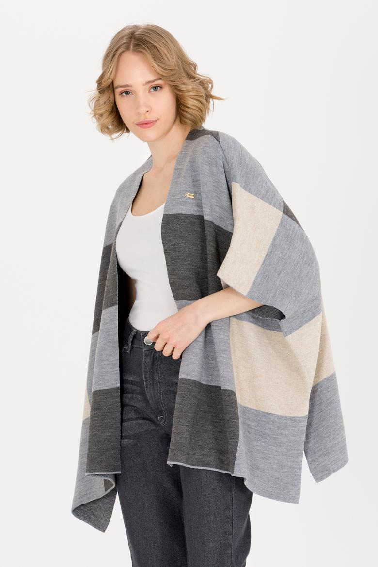 Kadın Gri Melanj Triko Panço - 50255656003