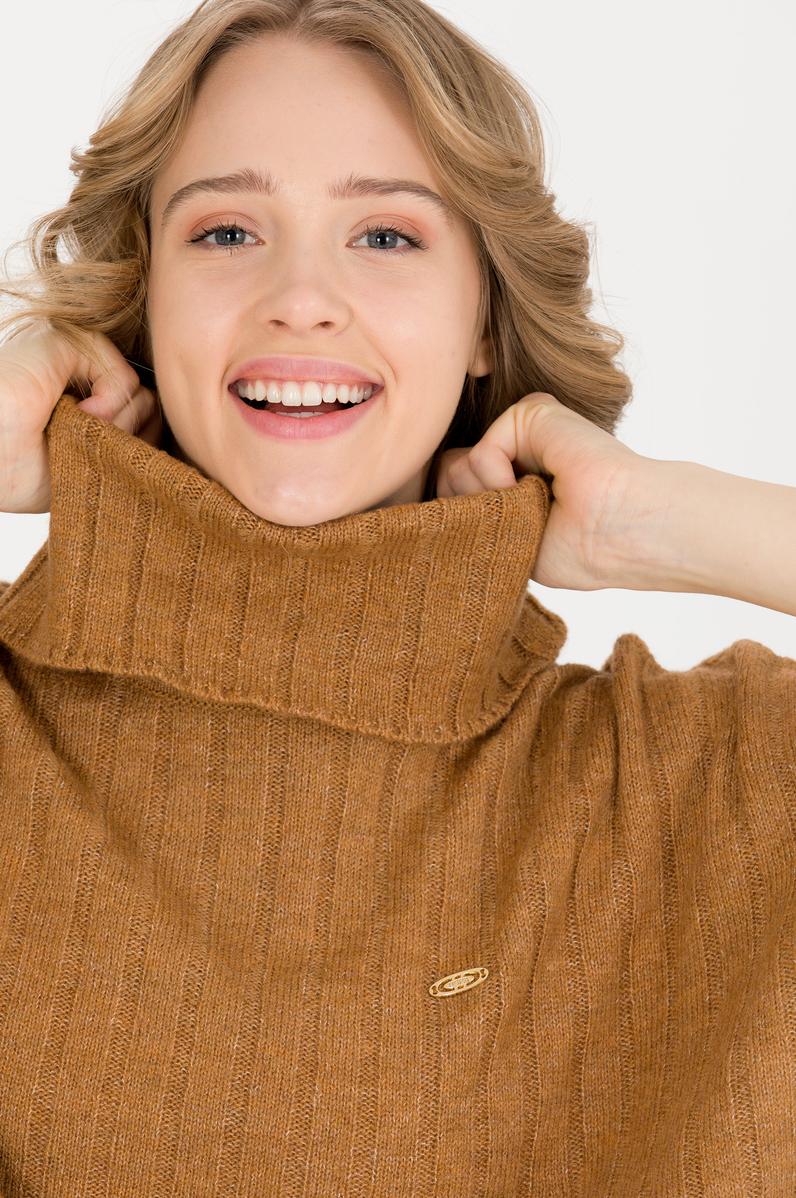 Kadın Camel Melanj Triko Panço