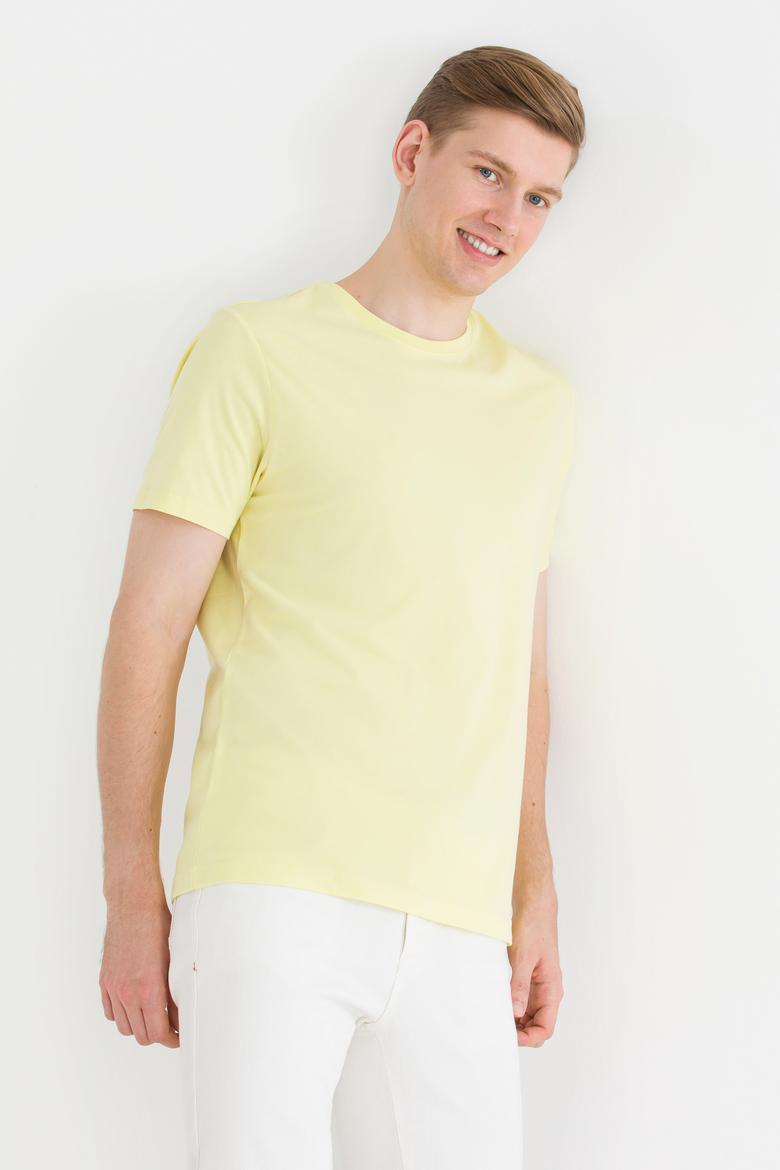 Erkek Açık Sarı Basic Bisiklet Yaka Tişört - 50264916007