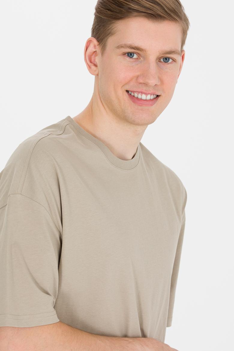 Erkek Haki Comfort Long Bisiklet Yaka Tişört