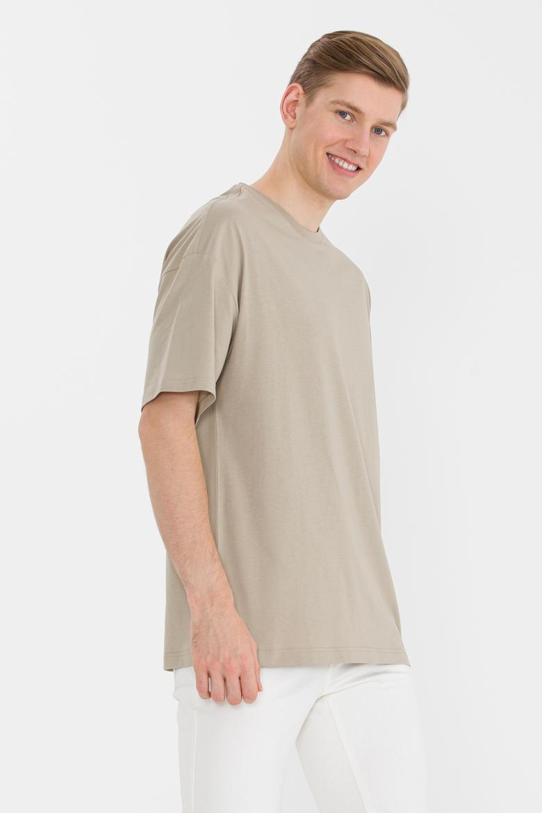 Erkek Haki Comfort Long Bisiklet Yaka Tişört - 50265229038