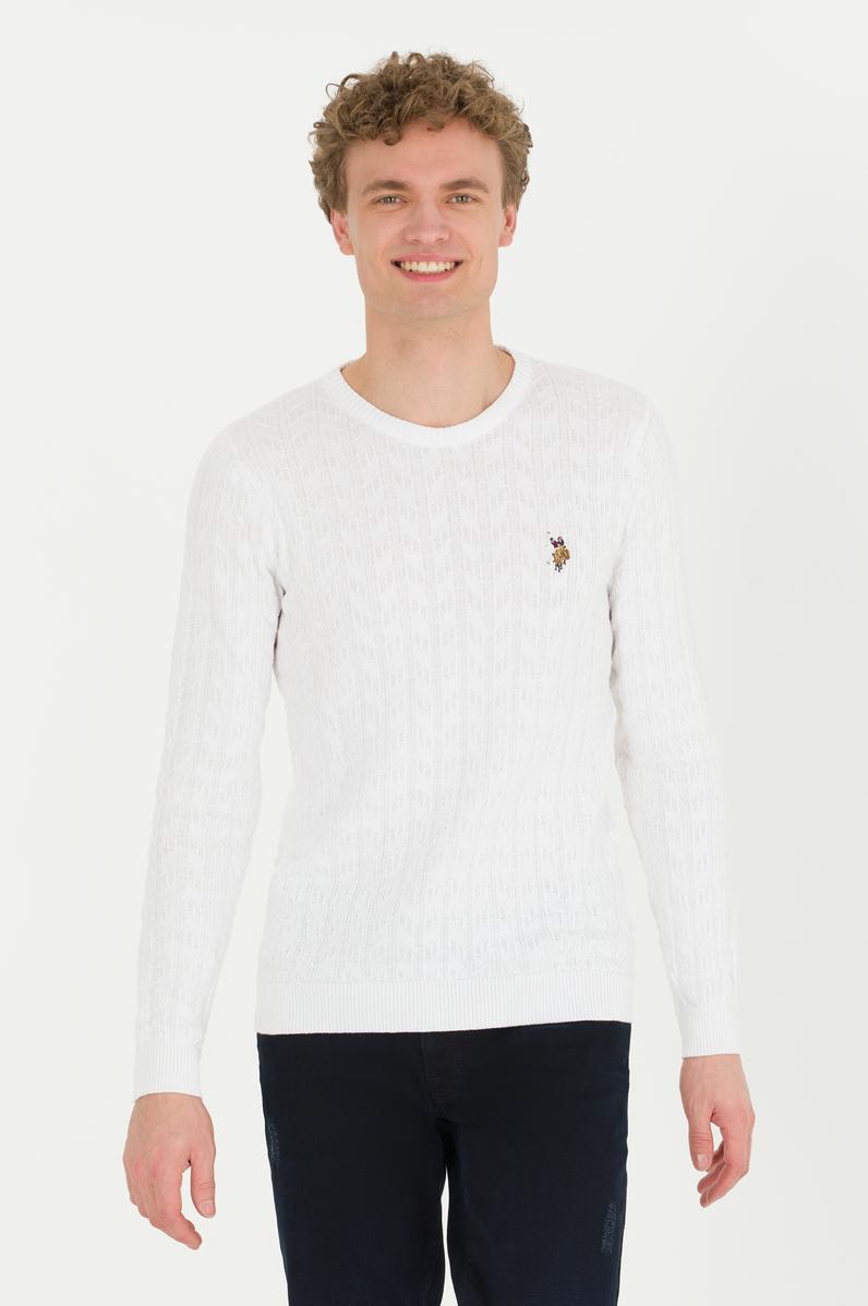 Erkek Beyaz Bisiklet Yaka Basic Triko Kazak