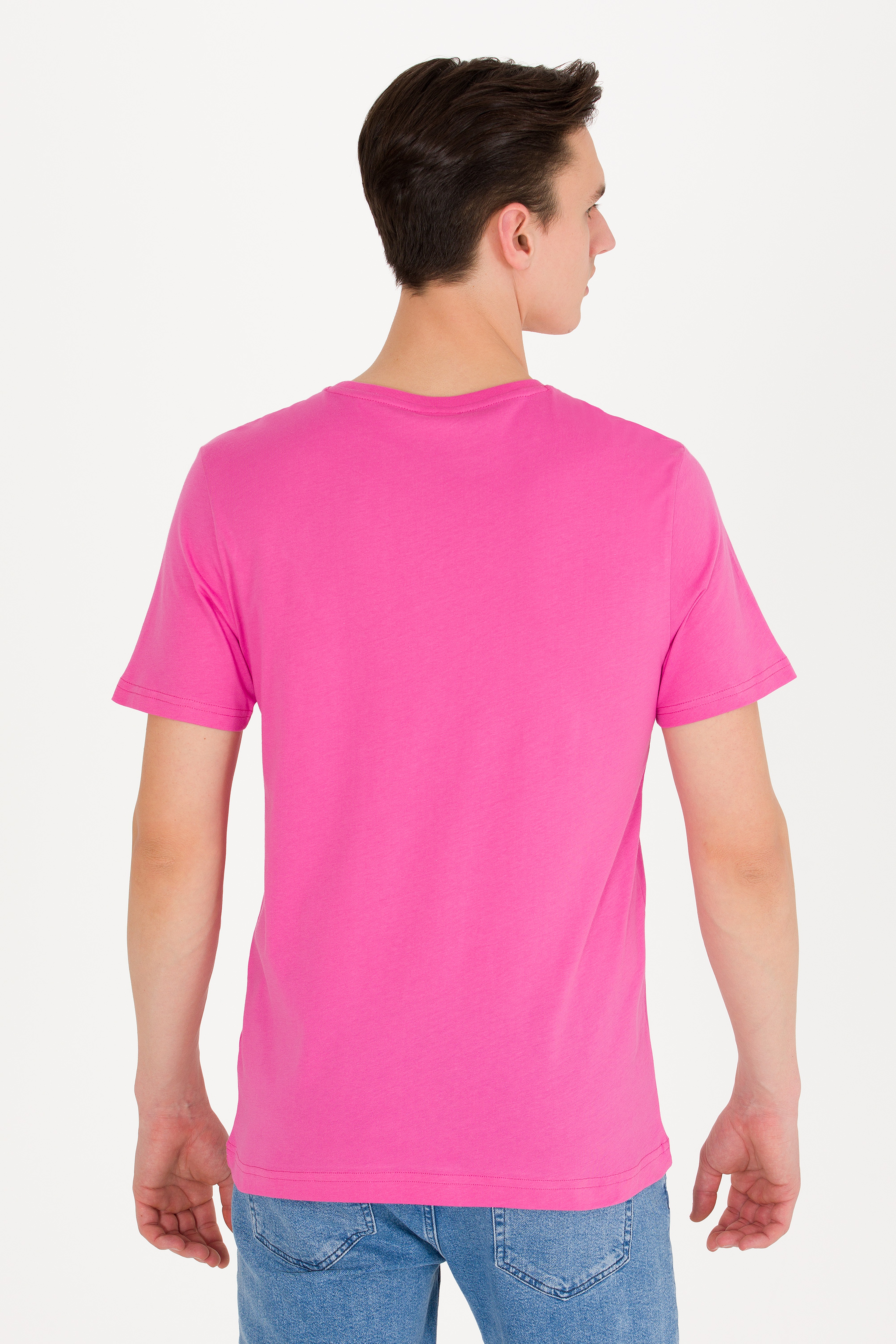 Erkek Pembe Basic Bisiklet Yaka Tişört - Image 5