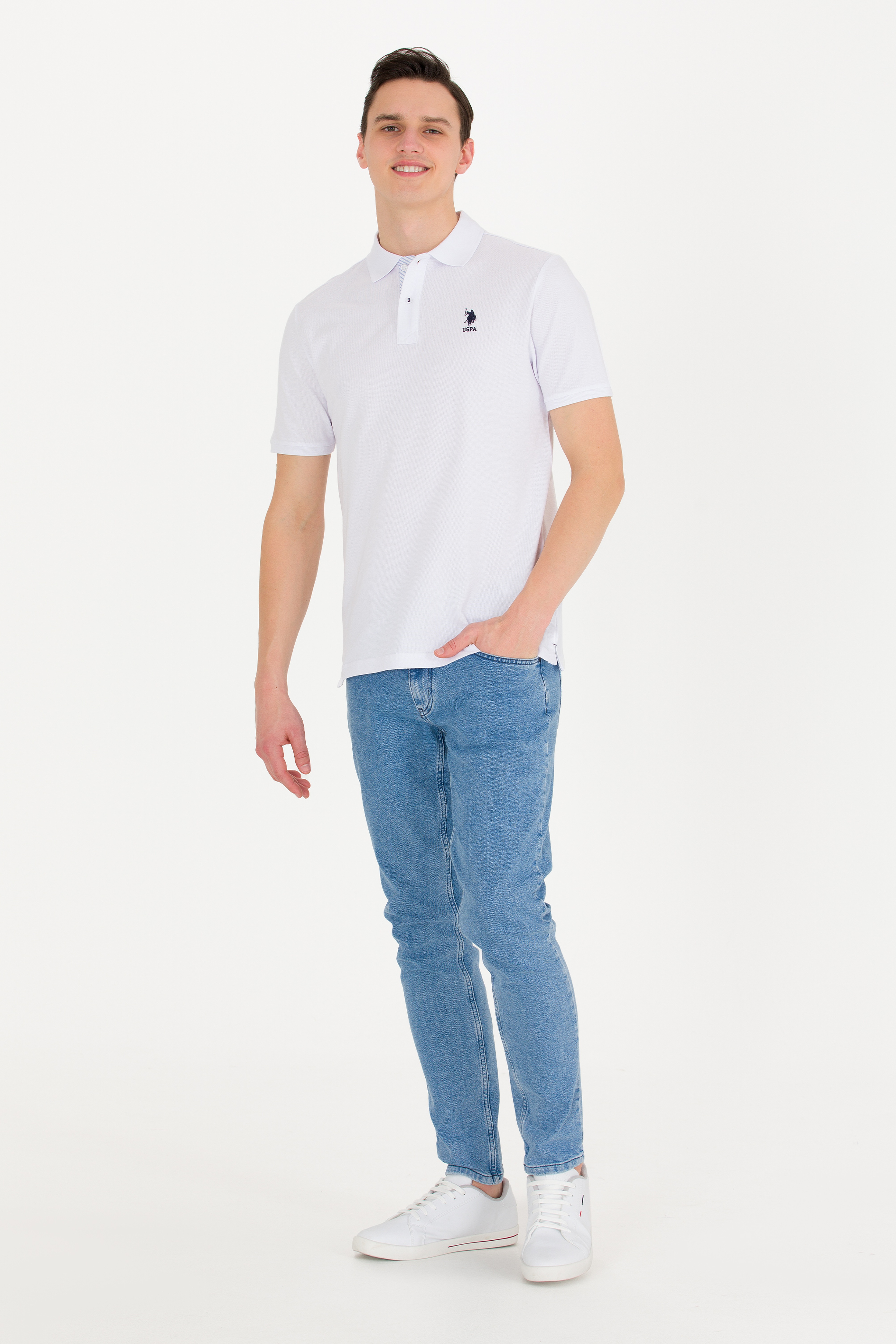 Erkek Beyaz Basic Polo Yaka Tişört - Image 4