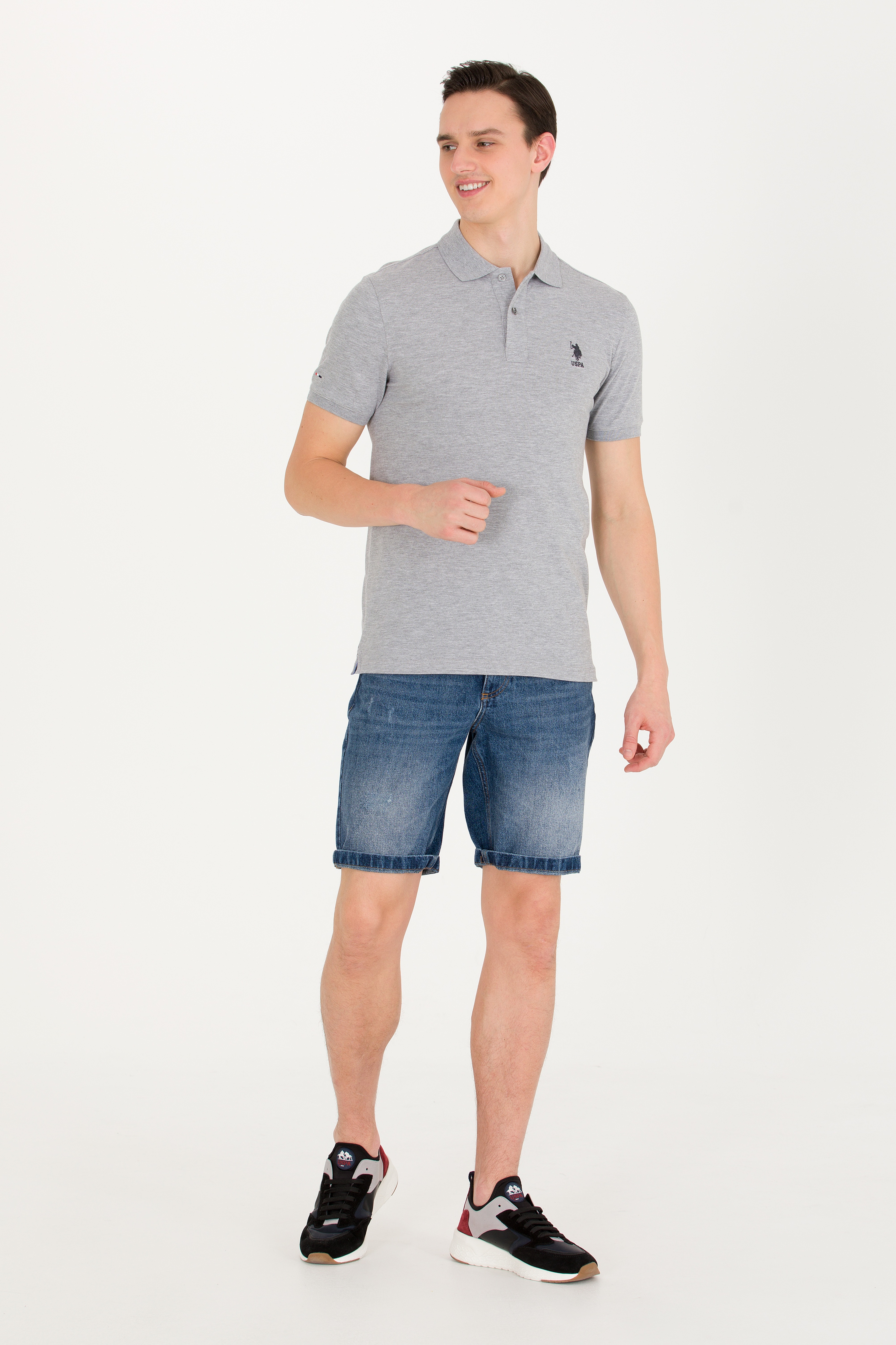Erkek Gri Melanj Basic Polo Yaka Tişört - Image 4