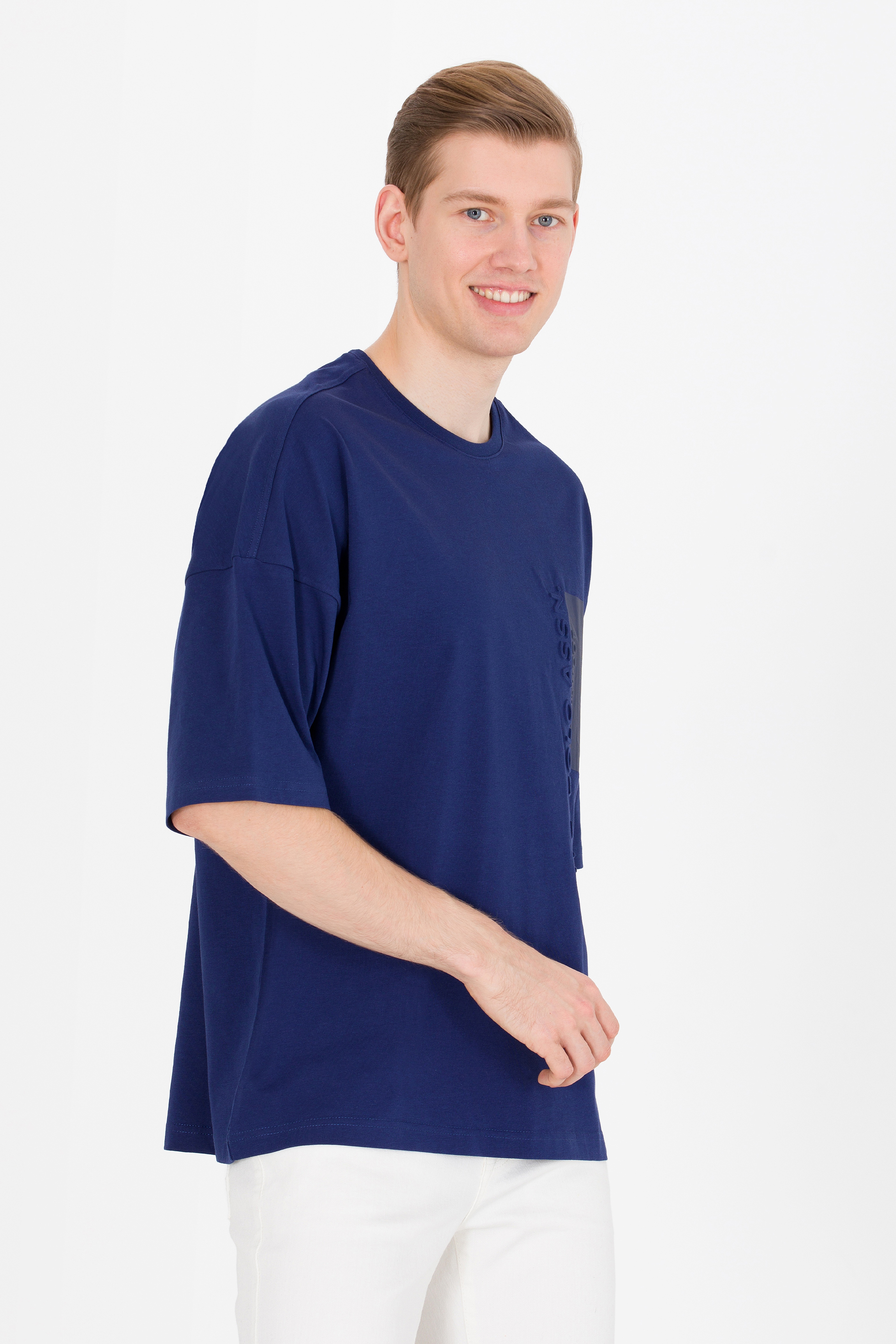 Erkek Lacivert Oversize Bisiklet Yaka Tişört - Image 4