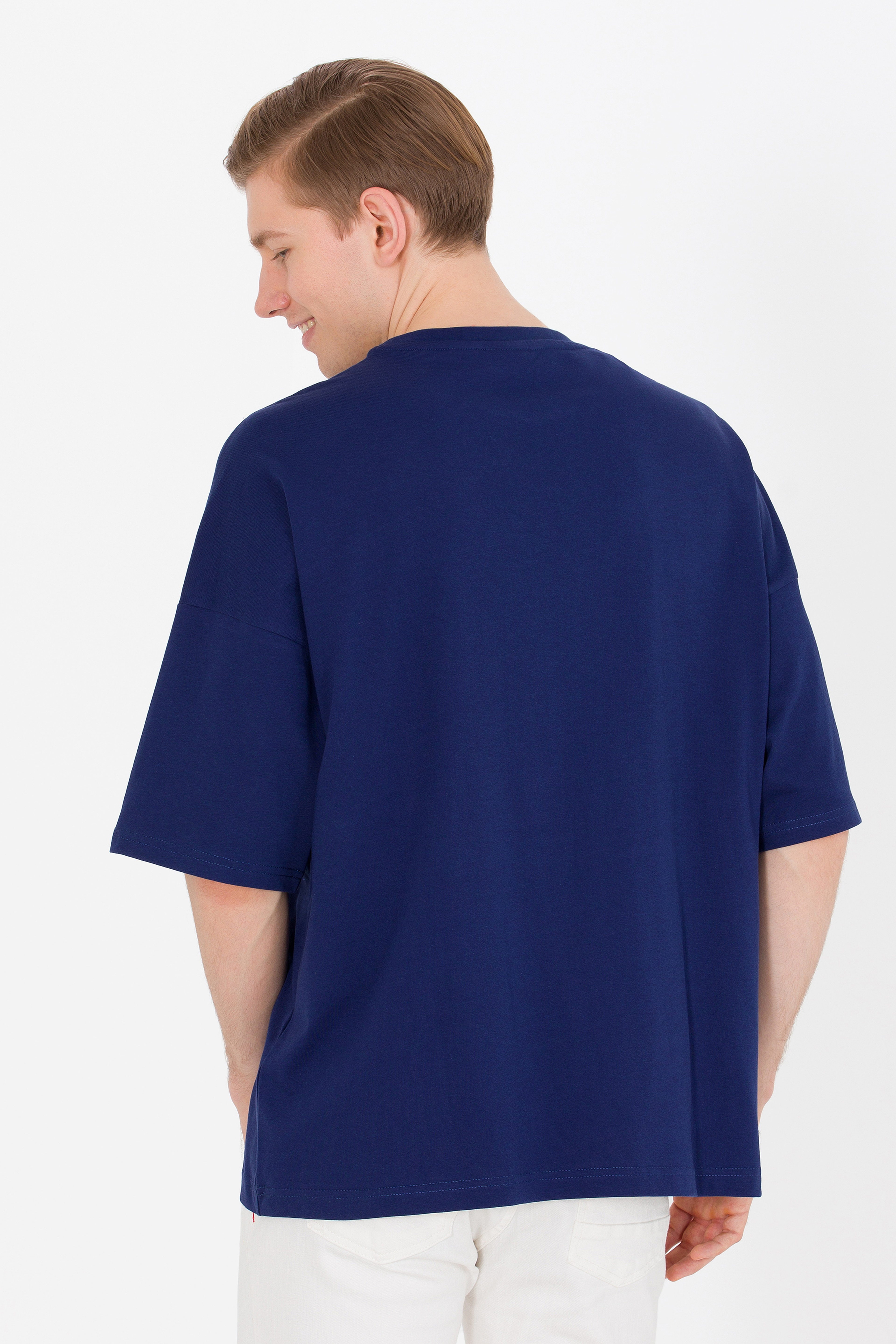 Erkek Lacivert Oversize Bisiklet Yaka Tişört - Image 5