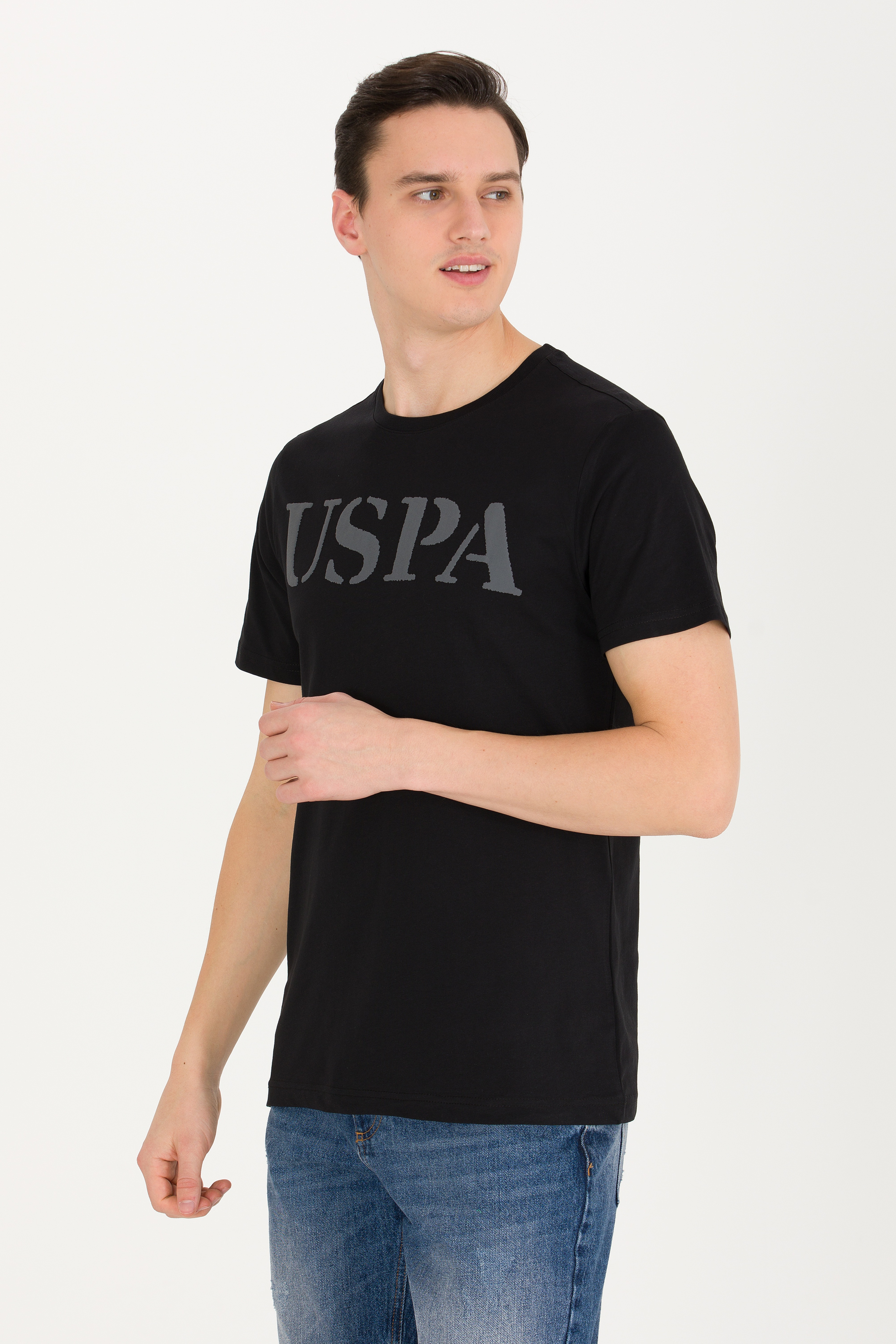 Erkek Siyah Basic Bisiklet Yaka Tişört - Image 1
