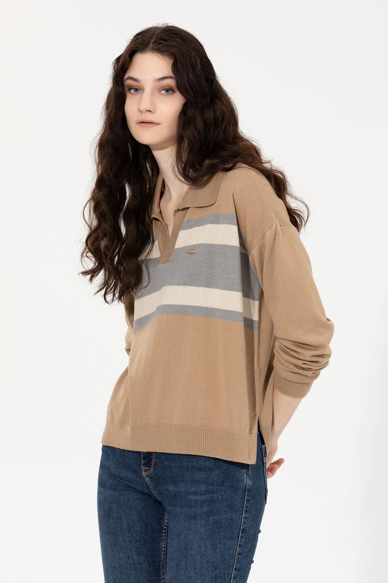 Kadın Camel Melanj V - Yaka Kazak - 50257810014