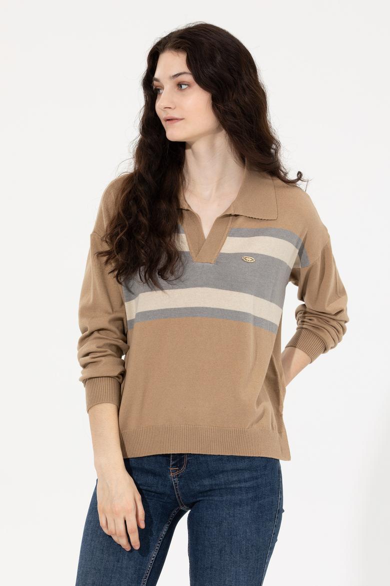 Kadın Camel Melanj V - Yaka Kazak