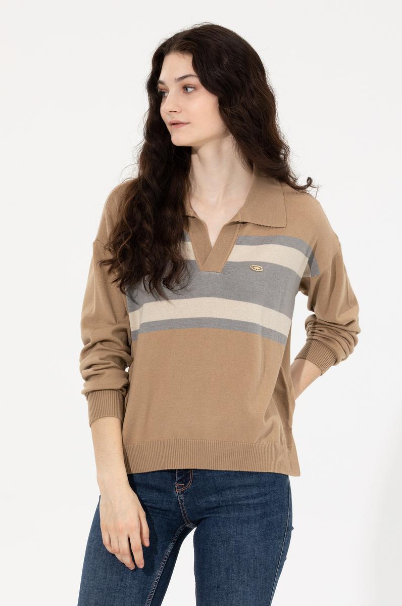 Kadın Camel Melanj V - Yaka Kazak