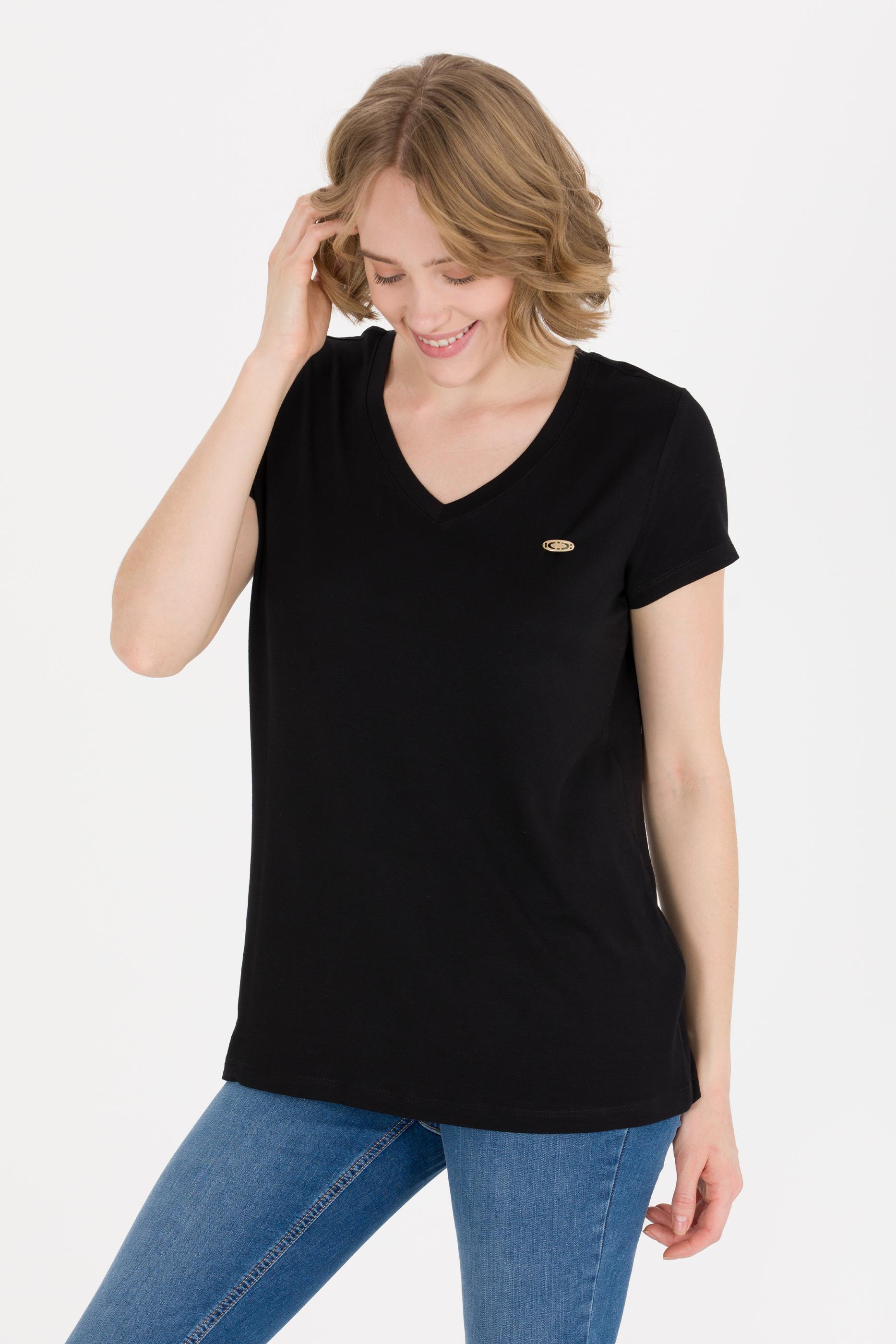 Kadın Siyah V Yaka Basic Tişört