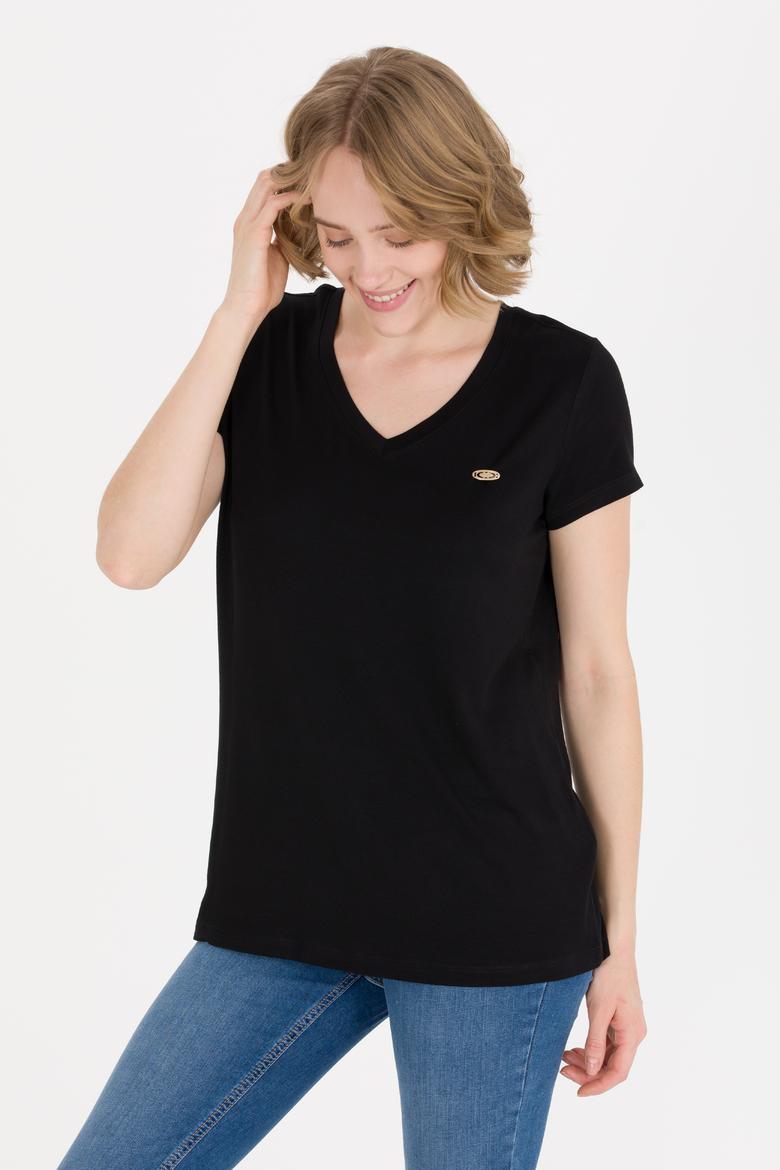 Kadın Siyah V Yaka Basic Tişört