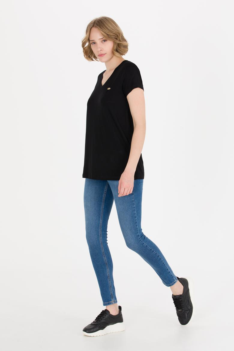 Kadın Siyah V Yaka Basic Tişört - 50269545004