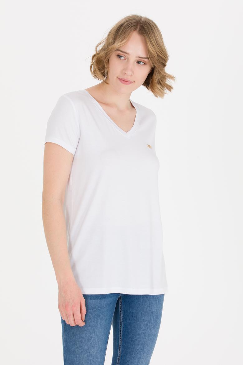 Kadın Beyaz V Yaka Basic Tişört - 50269545014