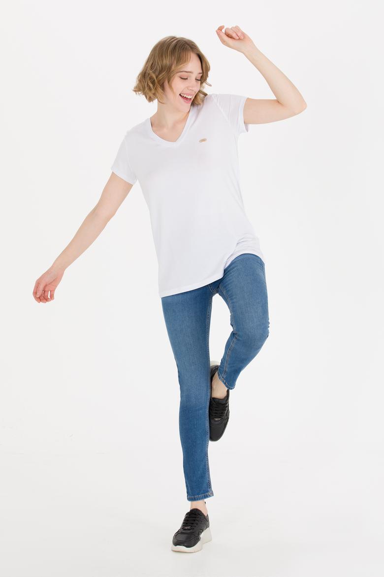 Kadın Beyaz V Yaka Basic Tişört - 50269545014