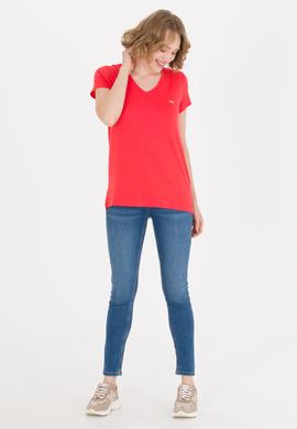 Kadın Kırmızı V Yaka Basic Tişört - 50269545017