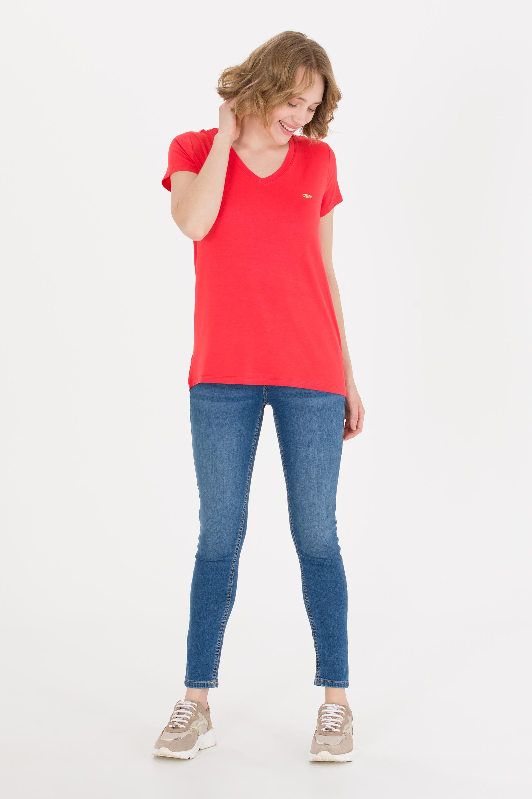 Kadın Kırmızı V Yaka Basic Tişört