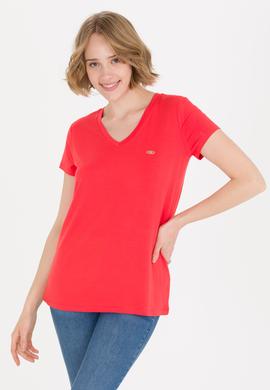 Kadın Kırmızı V Yaka Basic Tişört - 50269545017