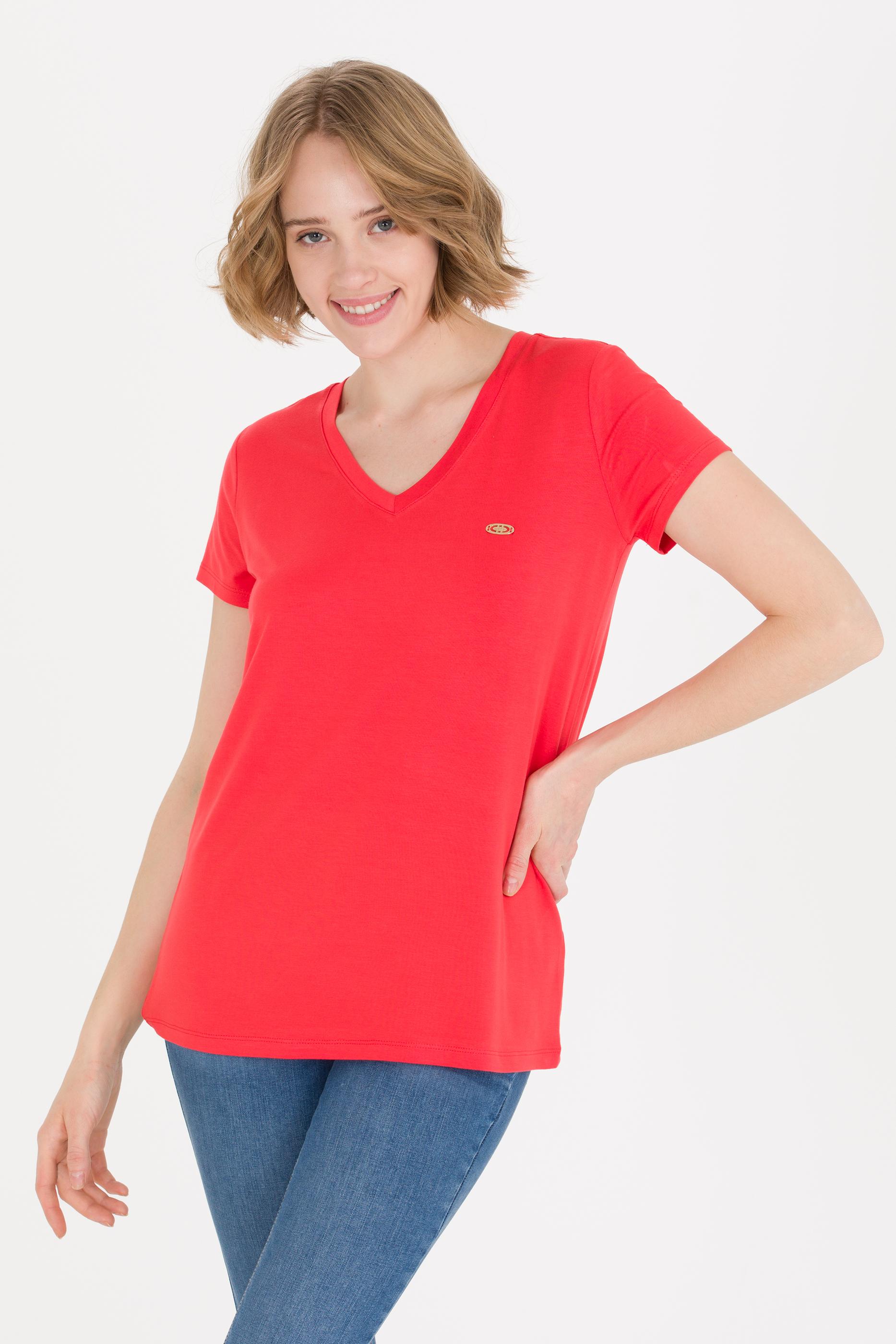 Kadın Kırmızı V Yaka Basic Tişört