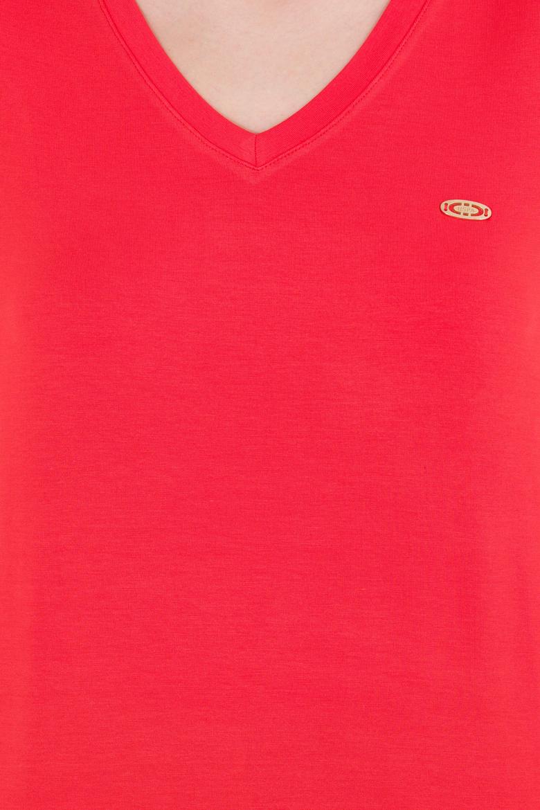 Kadın Kırmızı V Yaka Basic Tişört - 50269545017