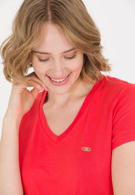 Kadın Kırmızı V Yaka Basic Tişört - 50269545017