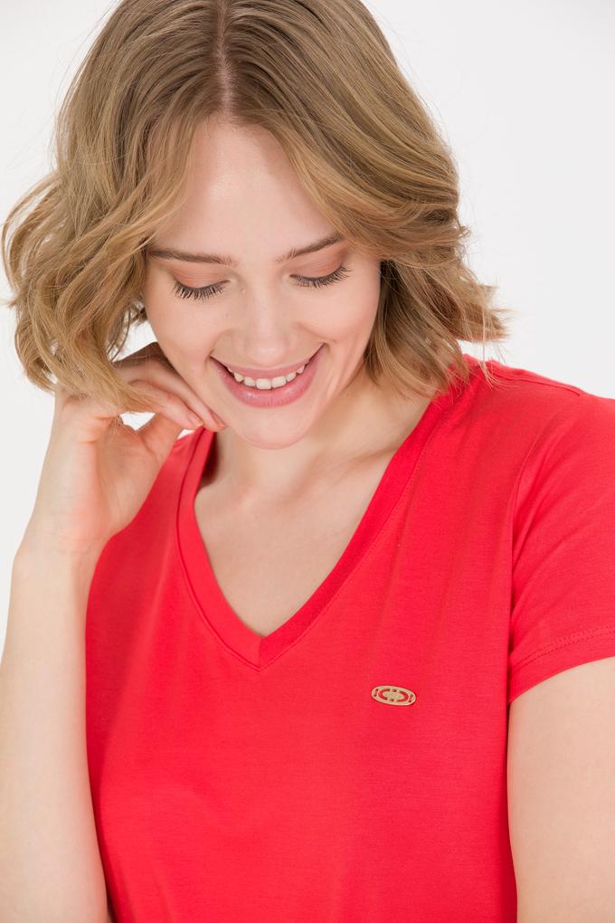 Kadın Kırmızı V Yaka Basic Tişört