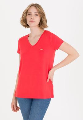 Kadın Kırmızı V Yaka Basic Tişört - 50269545017