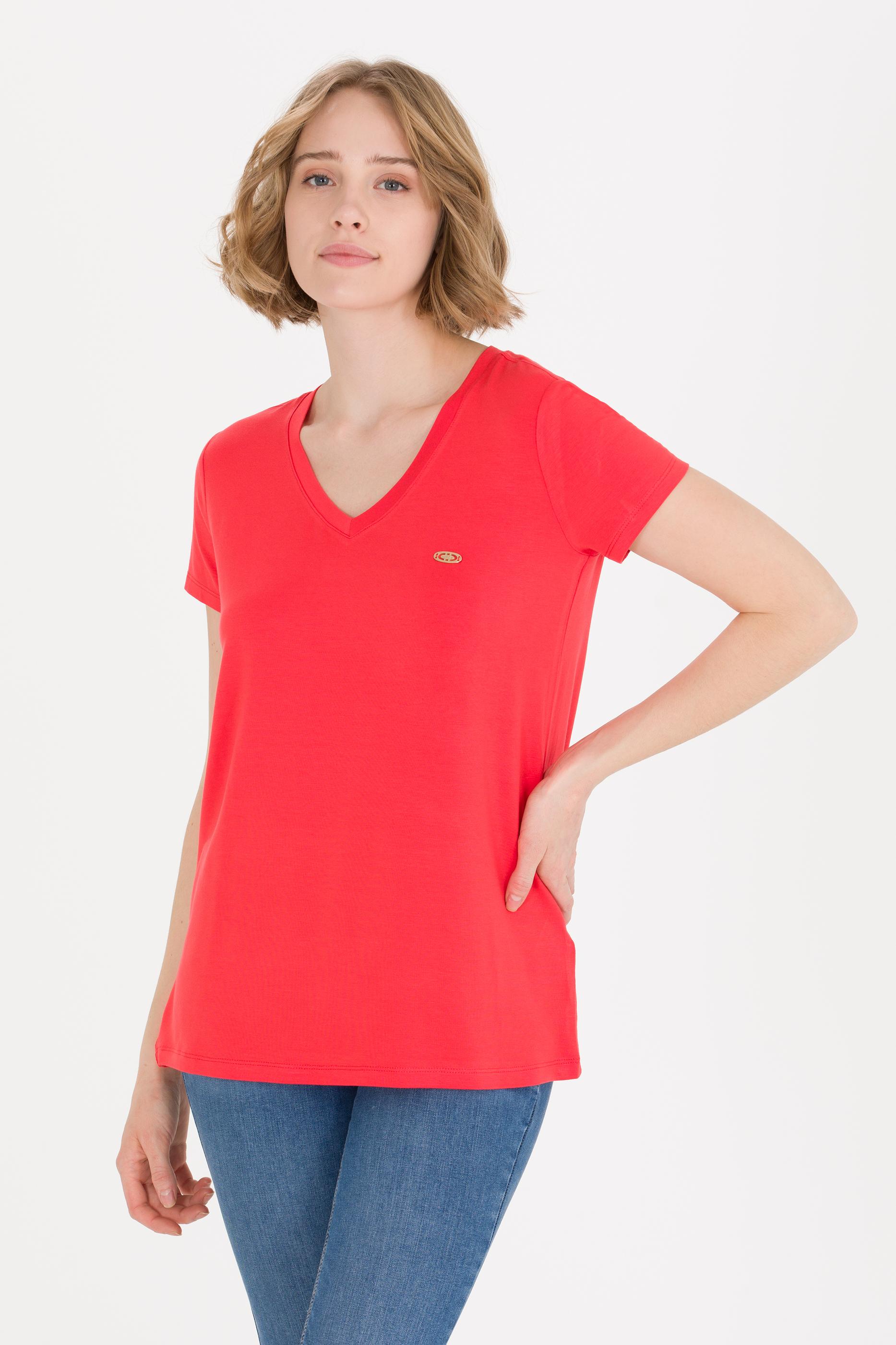 Kadın Kırmızı V Yaka Basic Tişört