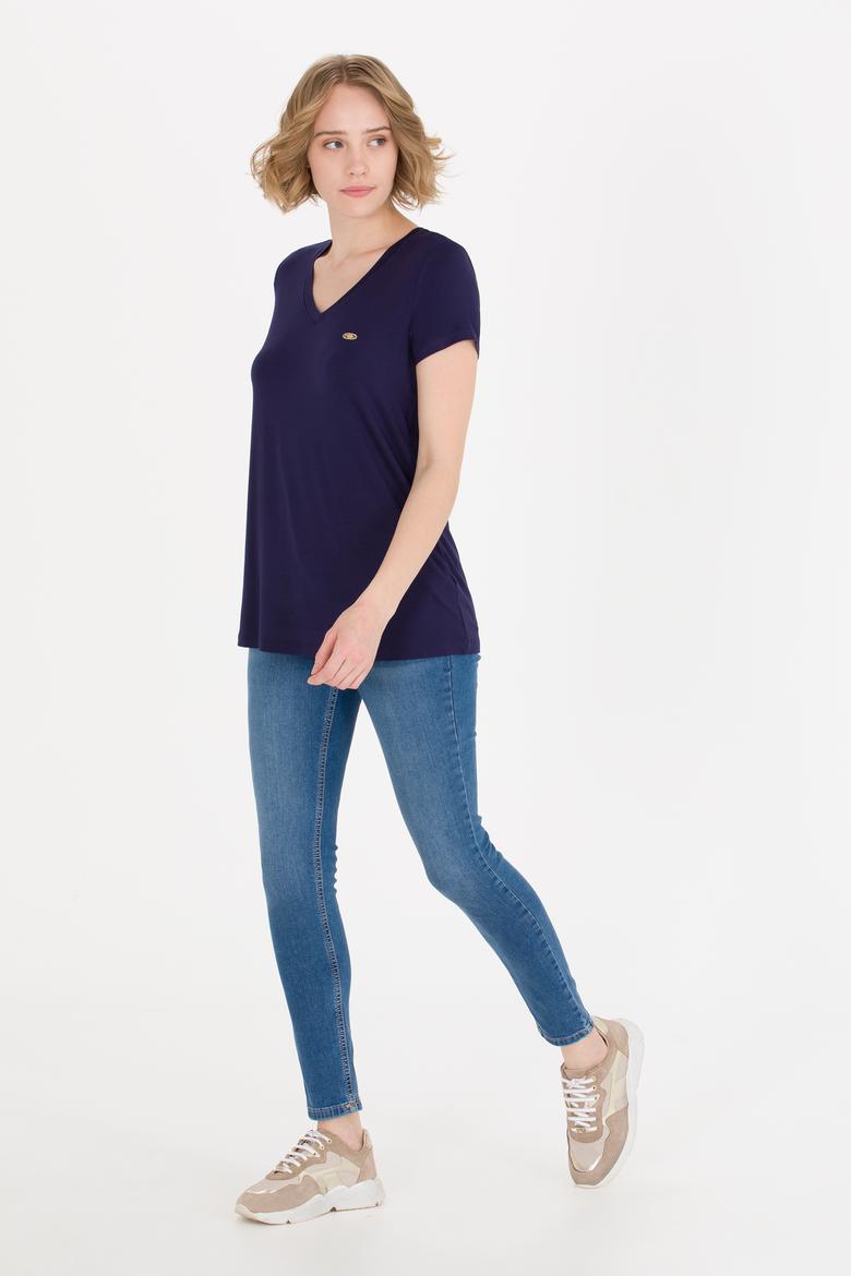 Kadın Lacivert V Yaka Basic Tişört - 50269545036