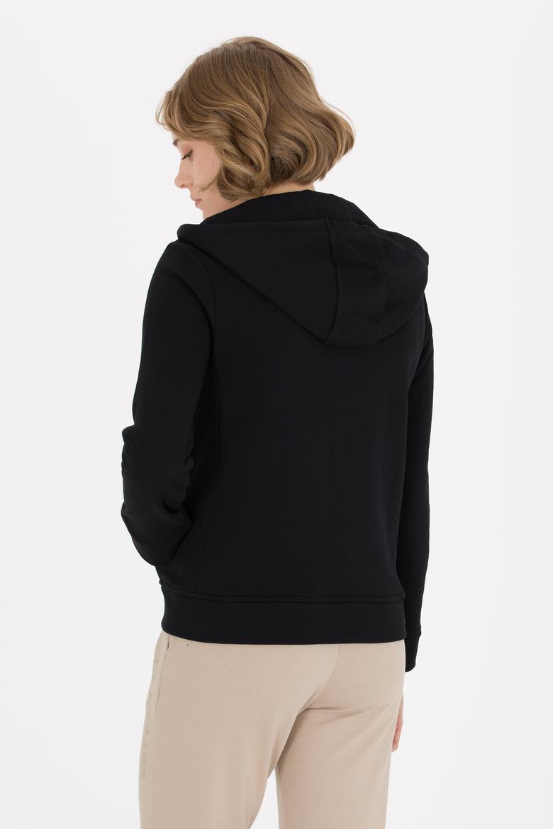 Kadın Siyah Kapüşonlu Fermuarlı Basic Sweatshirt - 50262653038