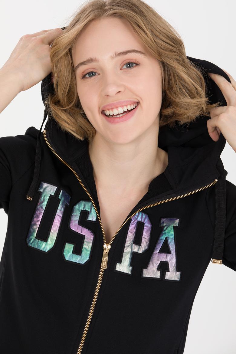 Kadın Siyah Kapüşonlu Fermuarlı Basic Sweatshirt