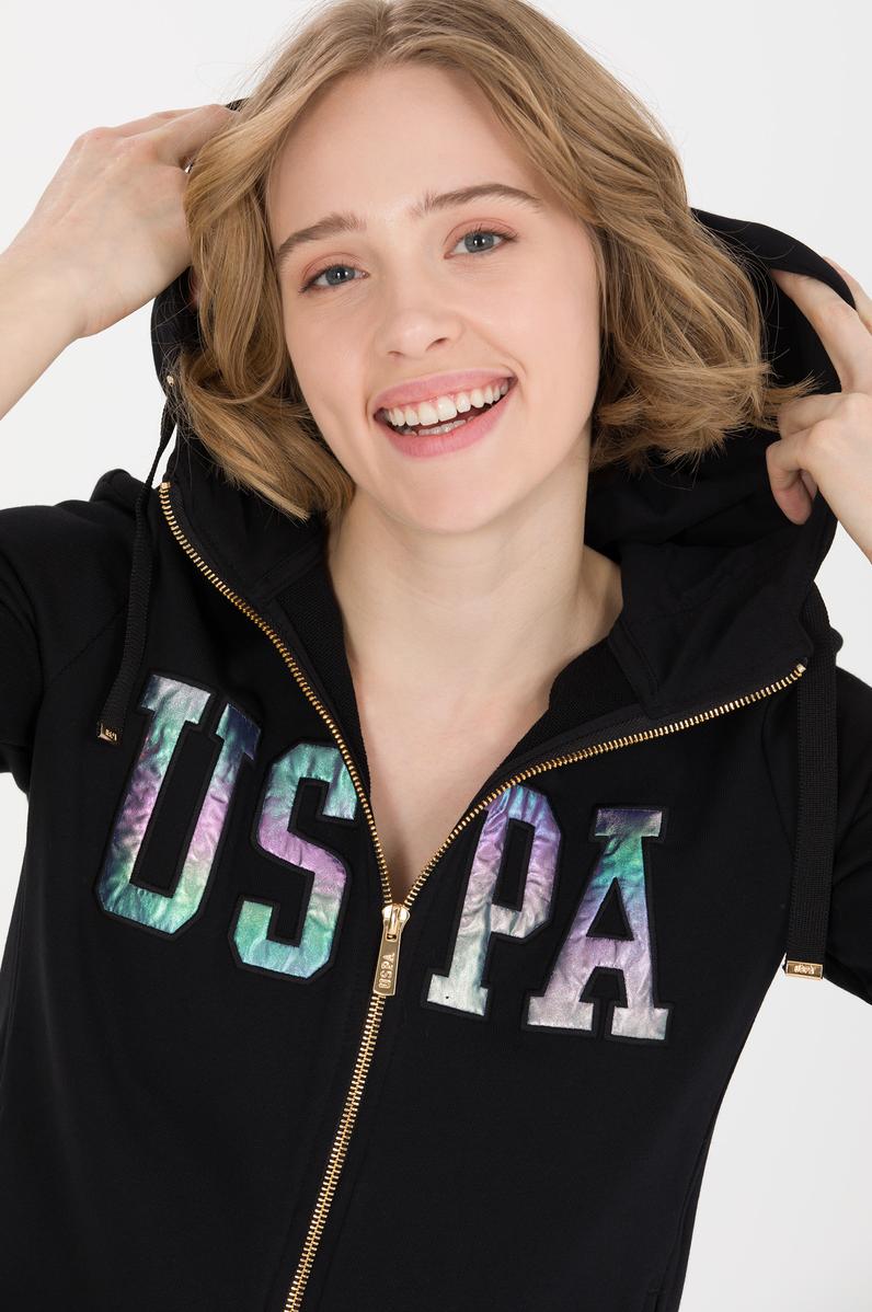 Kadın Siyah Kapüşonlu Fermuarlı Basic Sweatshirt