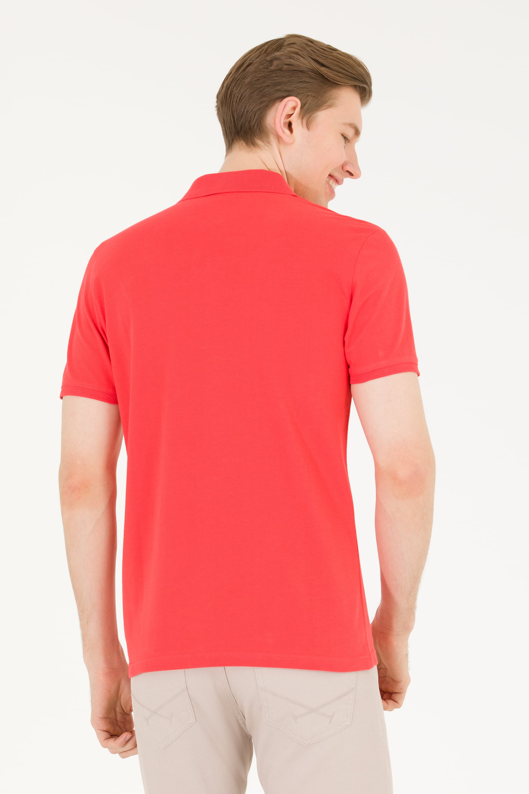 Erkek Kırmızı Basic Polo Yaka Tişört - Image 5