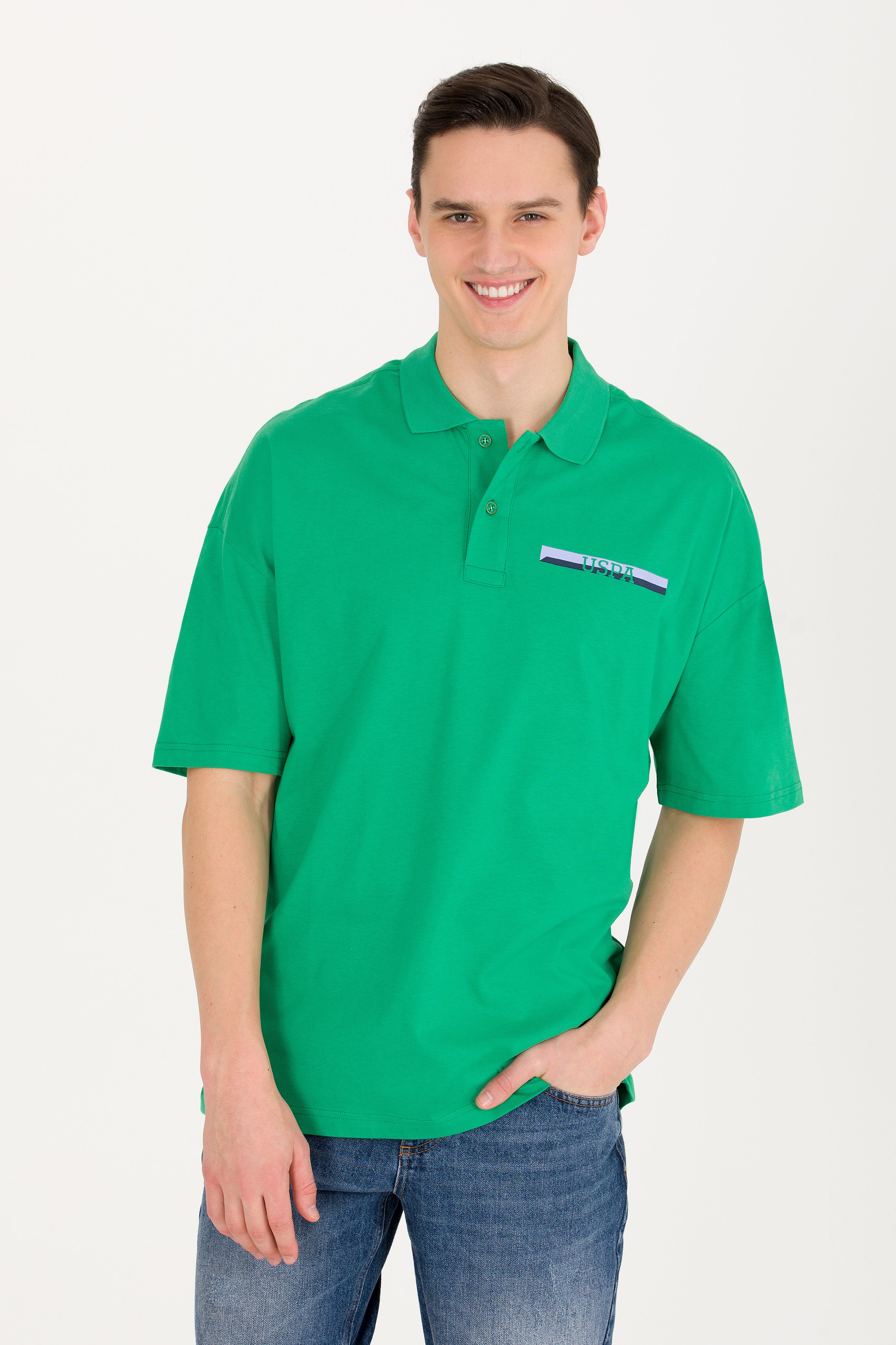 Erkek Yeşil Oversize Polo Yaka Tişört - Image 3