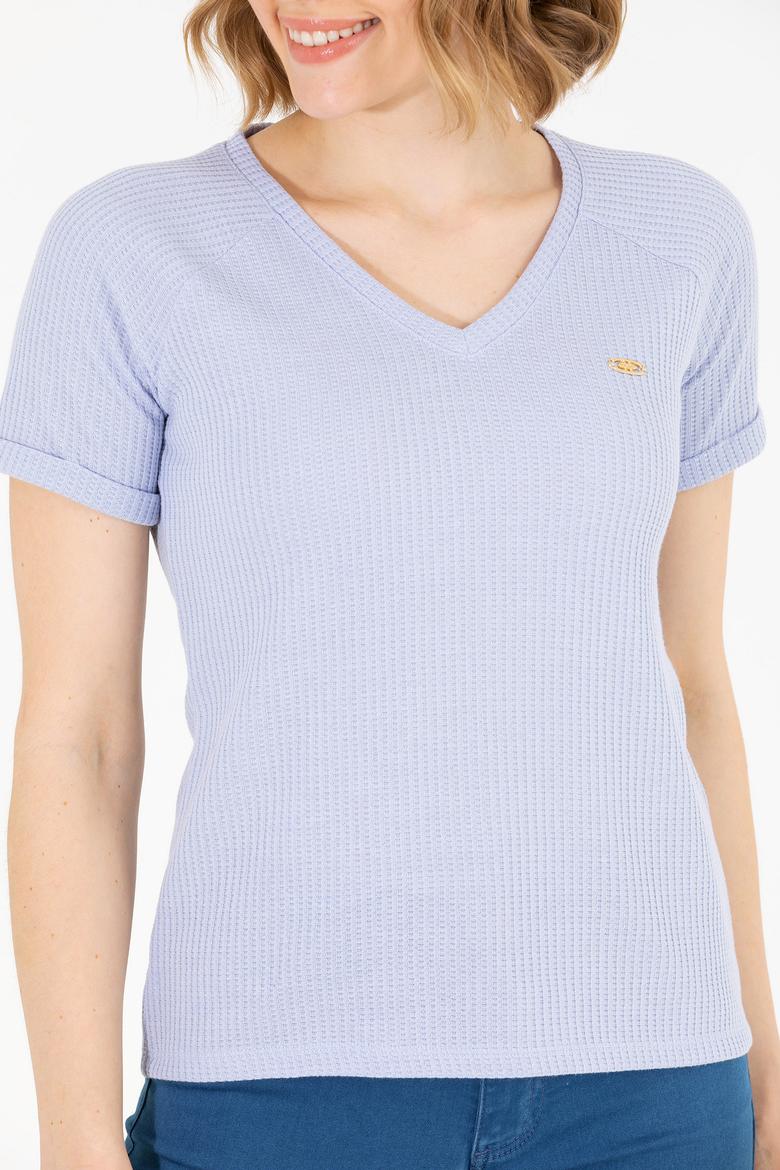 Kadın Mavi V Yaka Tişört - 50262532004