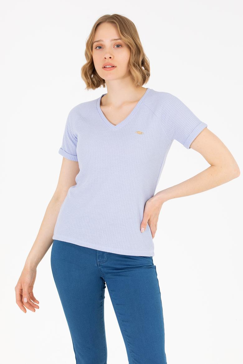 Kadın Mavi V Yaka Tişört