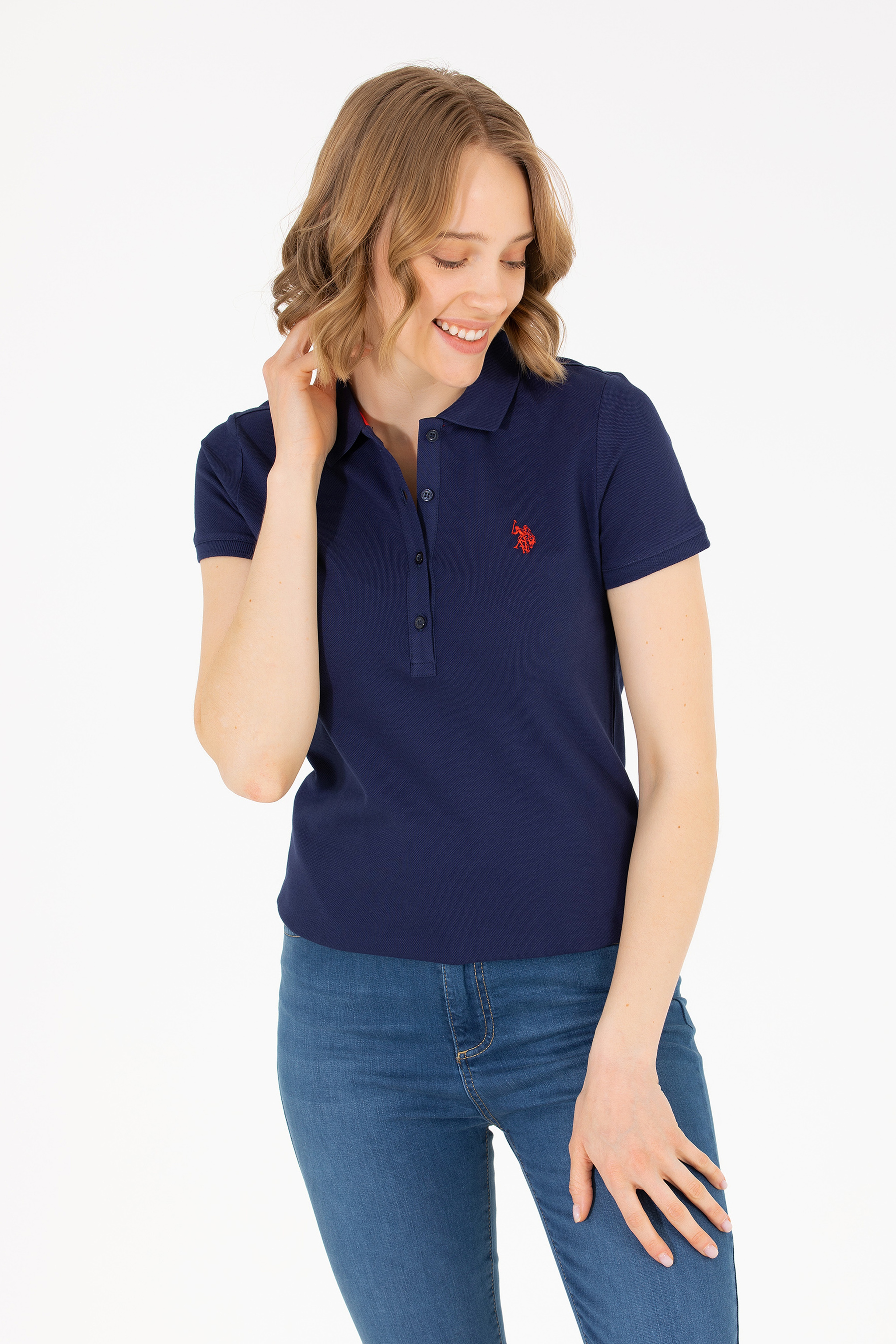 Kadın Lacivert Basic Polo Yaka Tişört - Image 1