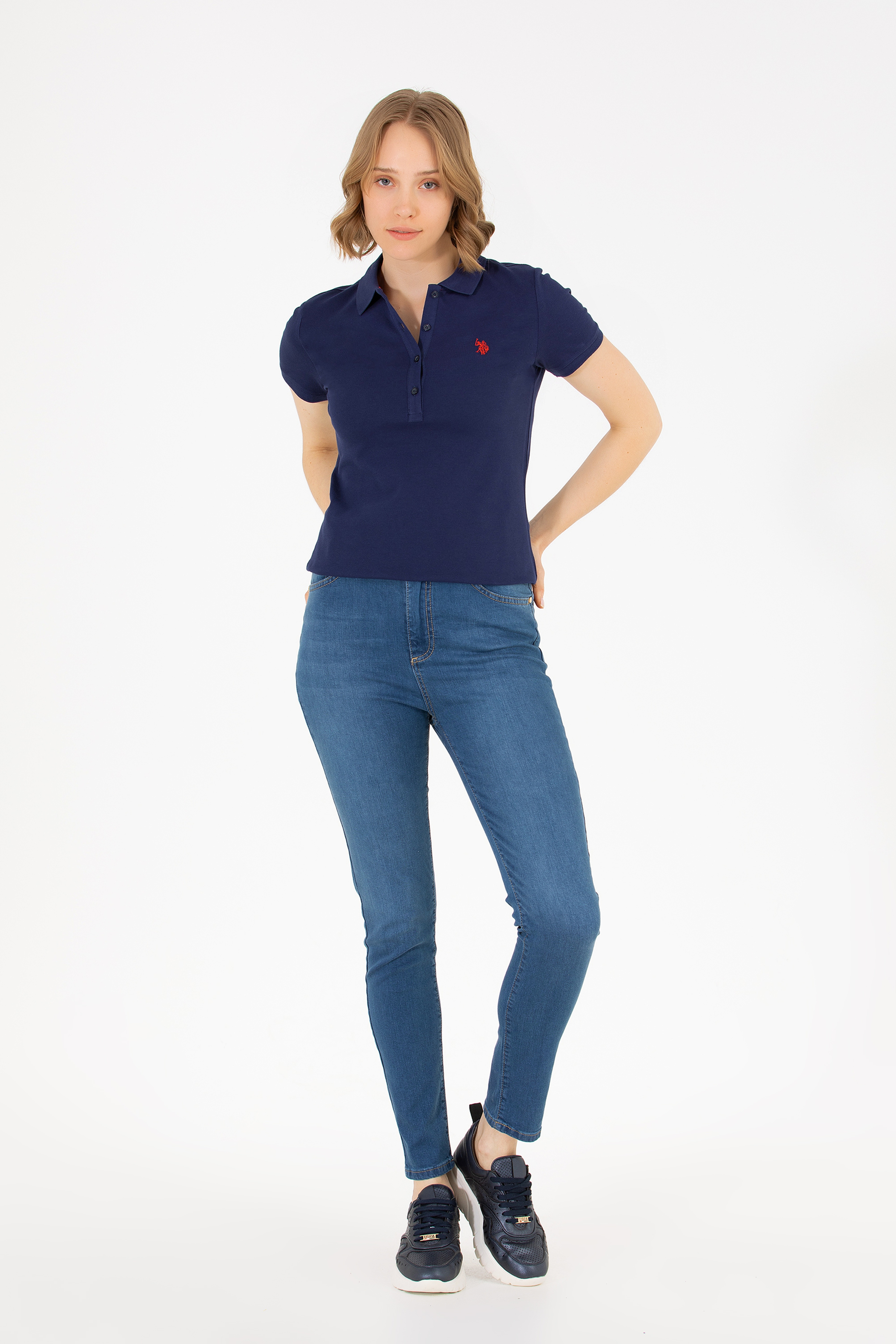 Kadın Lacivert Basic Polo Yaka Tişört - Image 4