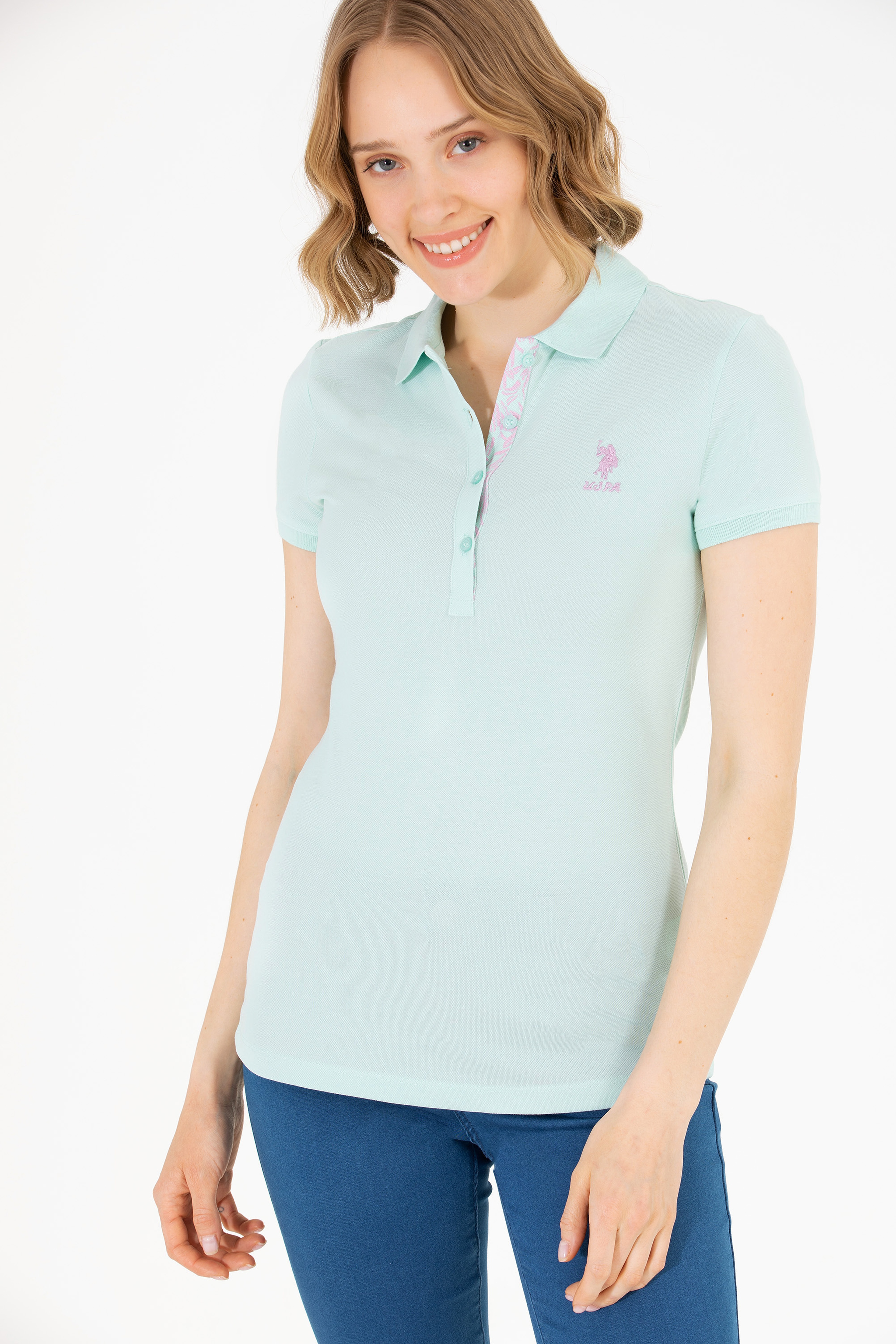 Kadın Su Yeşili Basic Polo Yaka Tişört - Image 2