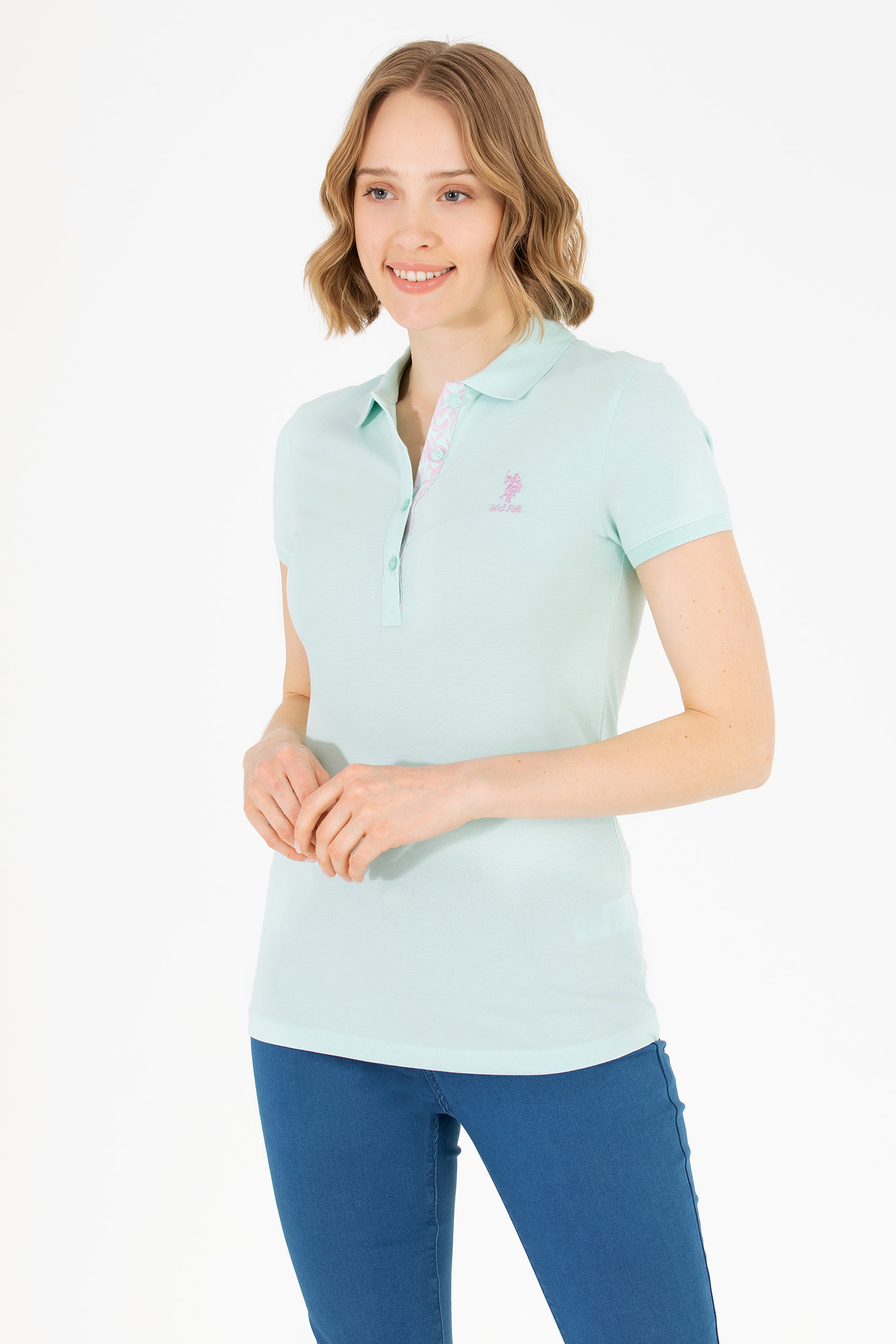 Kadın Su Yeşili Basic Polo Yaka Tişört - Image 1