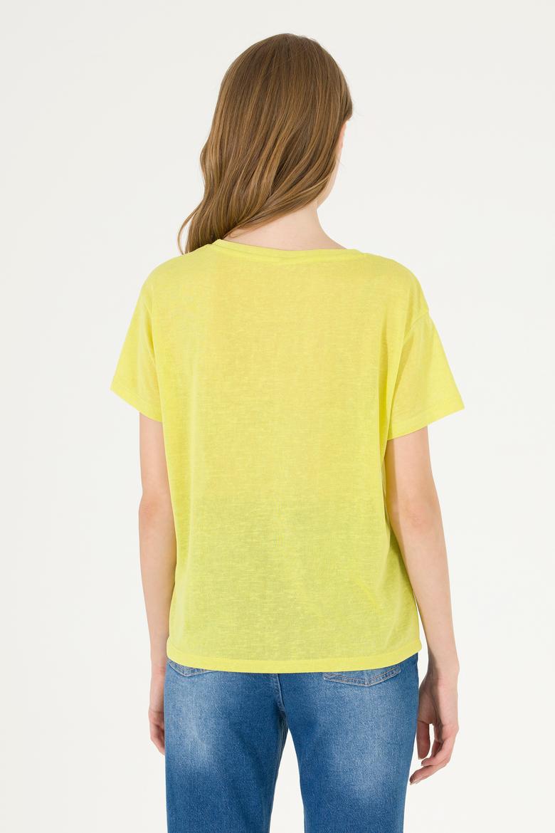 Kadın Neon Sarı Bisiklet Yaka Tişört - 50263590037