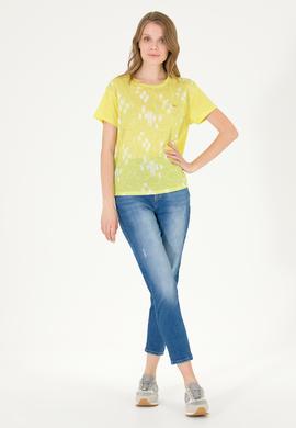 Kadın Neon Sarı Bisiklet Yaka Tişört - 50263590037