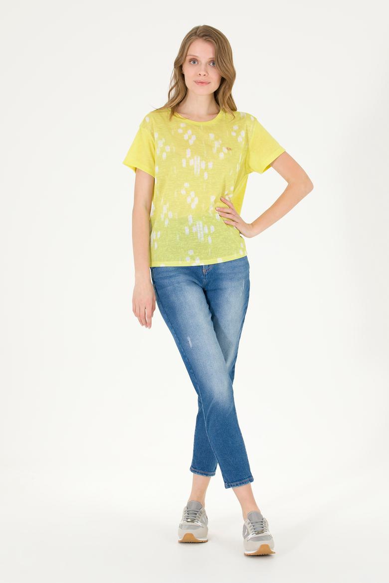 Kadın Neon Sarı Bisiklet Yaka Tişört - 50263590037