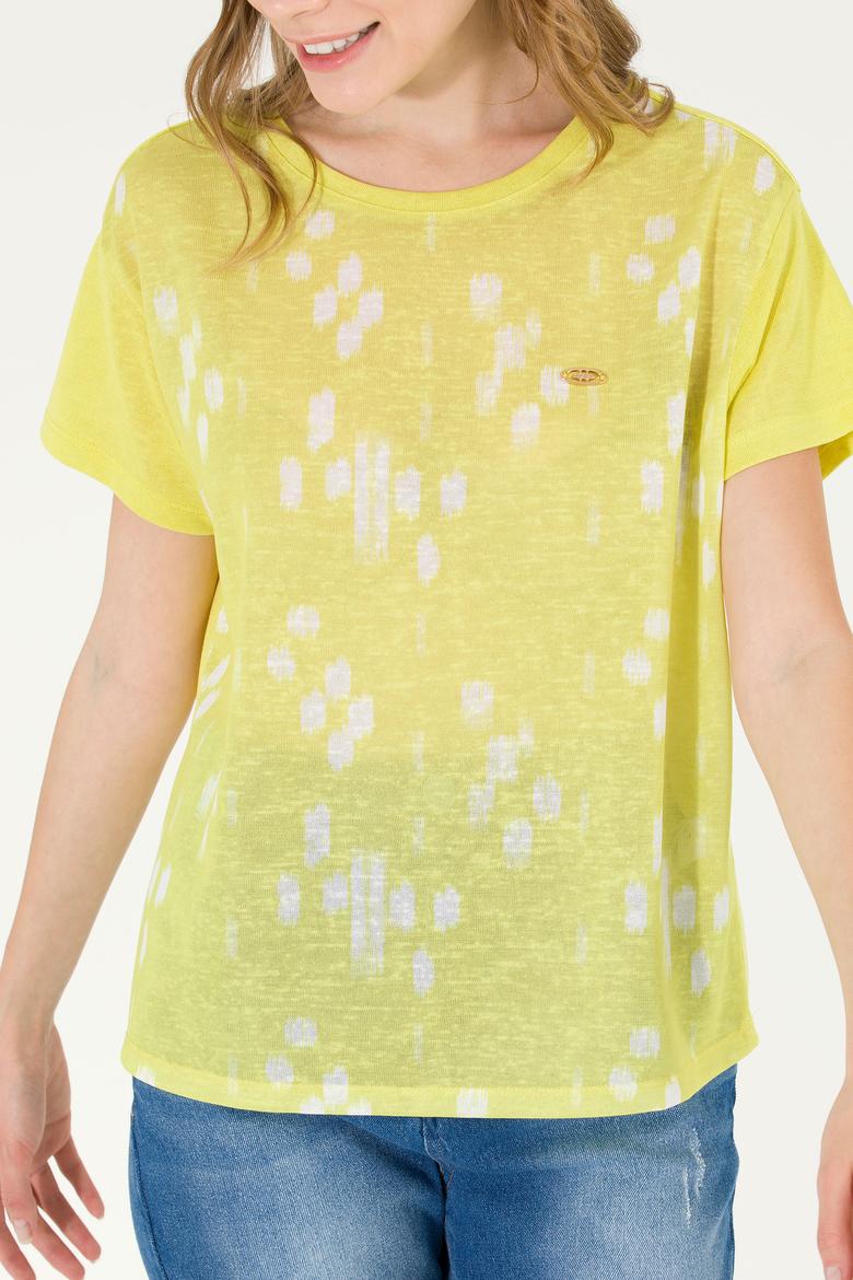 Kadın Neon Sarı Bisiklet Yaka Tişört - 50263590037